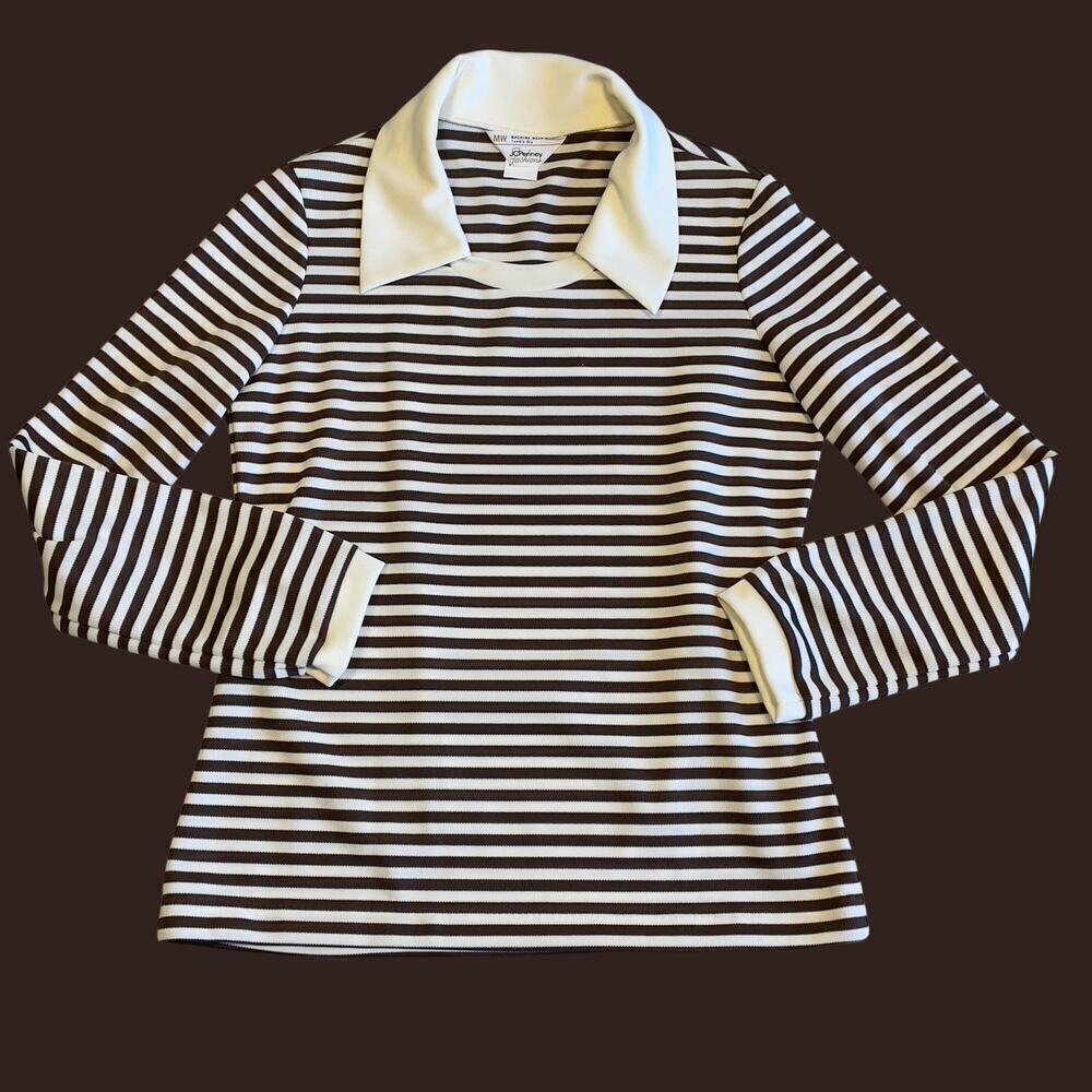 JCPenny Vintage Brown Striped Polo Top Medium - Picture 2 of 12